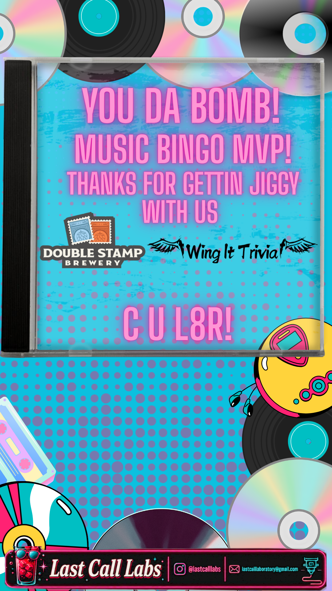 You Da Bomb! Music Bingo MVP poster for Double Stamp Brewery and Wing It Trivia